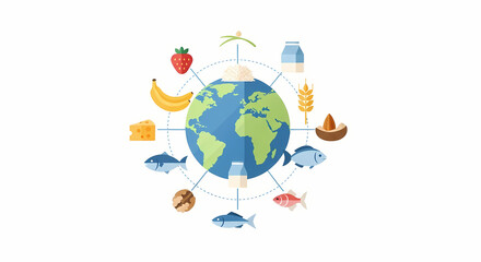 Naklejka premium Global Food Diversity A Colorful Illustration of Worldwide Dietary Staples and Agricultural Products
