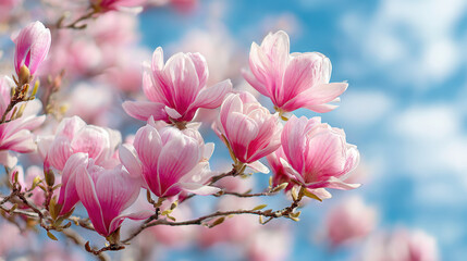 Obraz premium Pink magnolia flower blossom on tree branch with blue sky background, natural beauty of spring season with soft sunlight and delicate petals in full bloom