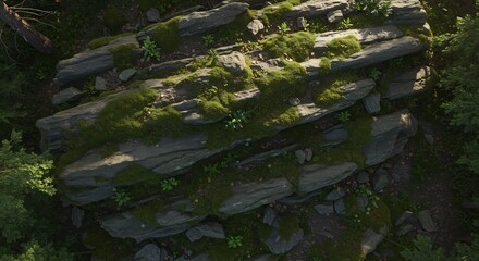 Topdown view of mossy layered rock formations and vibrant green forest plants with sunlit patches