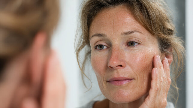Middle aged woman looking at her reflection in mirror with calm expression, gently touching her face showing self care and natural beauty