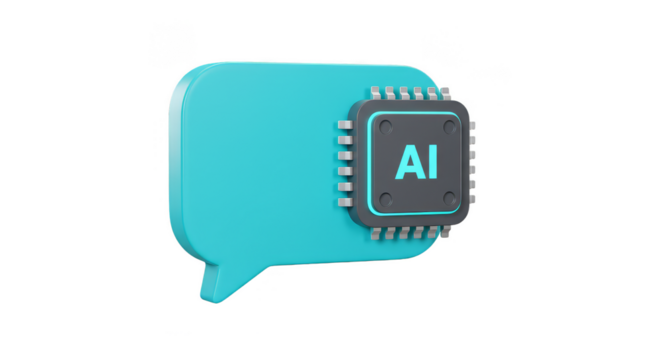 3D Turquoise Chat Bubble Featuring an AI Chip with Transparent Background