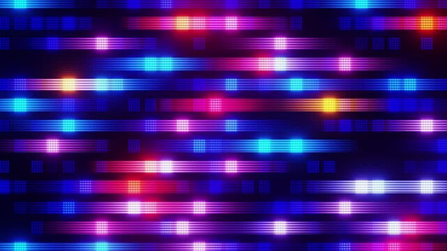 Neon led screen mosaic forming a dynamic seamless loop background, concert visual.