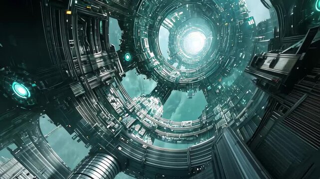 Exploring fractal patterns in a sci fi industrial hollow world with a fast zoom perspective, Sci fi industrial hollow worlds fractal fast zoom 3d