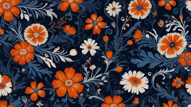 Beautiful floral pattern featuring vibrant orange and white flowers on a deep navy background.