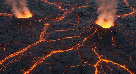 Volcanic landscape with two fiery vents and molten orange lava illuminating cracks in dark arid ground