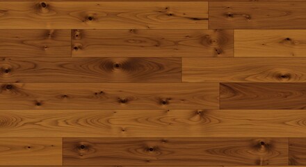 Warm brown wooden floor with staggered planks featuring natural wood grain and prominent knots