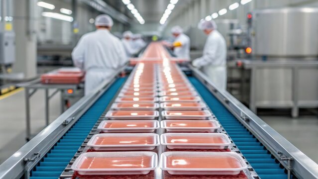 Meat processing. Factory production line with workers packaging food in a modern facility.