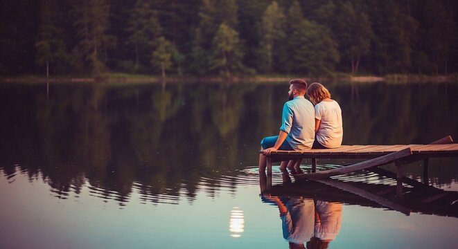 A couple sits on a wooden dock overlooking a serene lake at sunset.