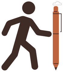 Silhouette of a walking figure next to an oversized brown pen with a cloud accent. Ideal for creativity, innovation, workflows, writing, productivity, minimalism, simple flat metaphor