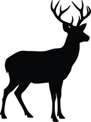 Black silhouette of a stag with large antlers standing deer white background