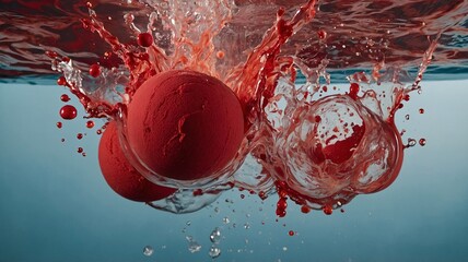 Dynamic splash of red spheres creating vibrant waves in clear water.