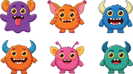 Cartoon colorful monster characters set, cute fantasy creatures with horns, happy expressions, vector illustration, fun design, children theme art