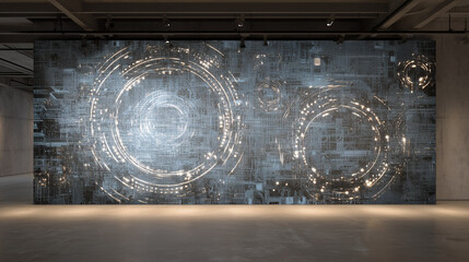 Futuristic Pink Neural Network Light Wall in Dark Room