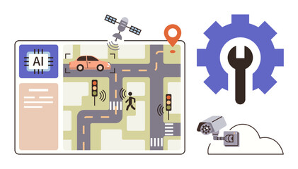 Smart city map with AI processor, vehicle, pedestrian, sensors, signals, satellite, tools, and camera. Ideal for urban development transportation connectivity surveillance automation technology