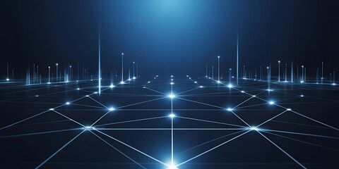 Futuristic Digital Interface with Glowing Blue Background Featuring Abstract Tech Grid, Connected Light Nodes, and Data Network Flow