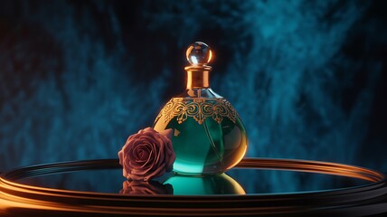 Photo of an elegant vintage perfume bottle with ornate gilded details sits beside a delicate pink rose