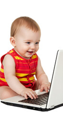 Adorable Baby Using Laptop Computer Smiling on Transparent Background
