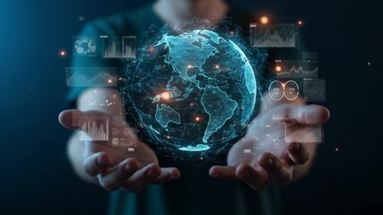 Person holding a digital globe surrounded by data visualizations in a dark studio setting view - Powered by Adobe