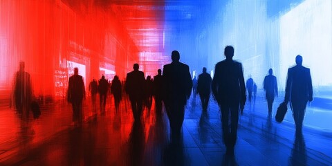 Fototapeta premium Abstract Digital Migration Silhouetted Figures Journey Through a Fluorescent Futuristic Passageway