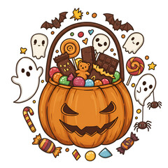 Obraz premium Cheerful Halloween Sweets in Pumpkin Illustration with Ghost Spider and Bat