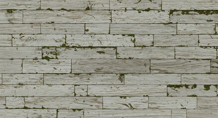 Weathered white wooden planks with peeling paint and green moss arranged horizontally
