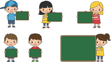 Cute cartoon kids holding blank chalkboards, education background, school children illustration, empty board for message, classroom learning concept, editable template