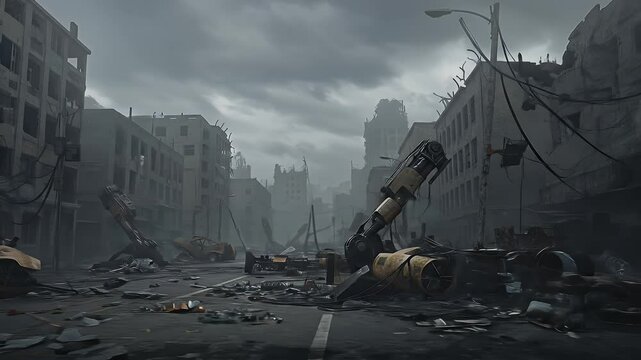 City Street in Ruins Pixel Art Animation Featuring Debris on Asphalt Under a Grey Overcast Sky Perfect for Post-Apocalyptic Themes