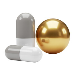 Obraz premium 3d Rendering Gold Sphere with Gray and White Capsule on Transparent