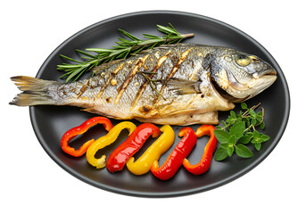 Isolated Grilled Fish Meal with Rosemary Mint and Peppers on Plate PNG