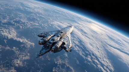 Naklejka premium Futuristic spaceship above Earth