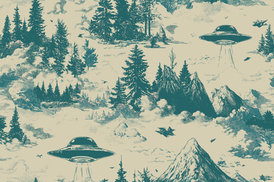 Seamless Pattern &ndash; Alien Abduction Toile with Spaceships, Mountains, and Trees in Teal and Cream, Whimsical Sci-Fi Vintage Style for Unique and Playful Wallpaper Designs