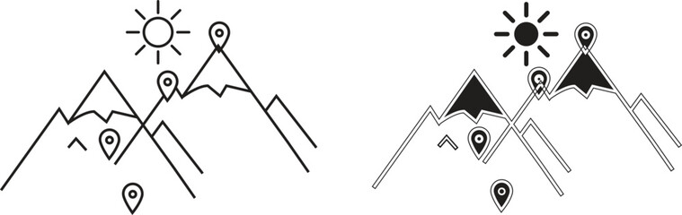 Mountain icon with sun and location pins showing adventure hiking, trip exploration and travel mapping with transparent background