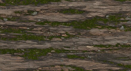 Weathered wooden planks with green moss and small gray stones forming a textured natural surface