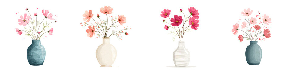 Watercolor Cosmos Flowers in Vases Set on White