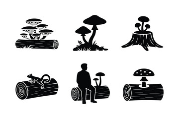 Naklejka premium Black silhouettes of mushrooms on logs and a stump with a squirrel and a person vector