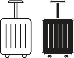 Upright luggage icon representing vacation travel suitcase, wheeled baggage or tourism packing with transparent background