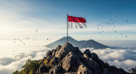 Indonesian Flag Waving on Mountain Peak