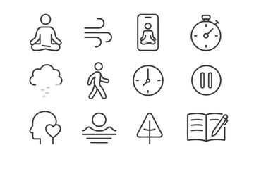 Minimalist mindfulness icons including meditation, nature, and relaxation symbols