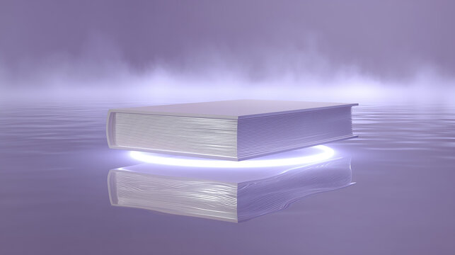 A Book Hovering Above Reflective Surface with a Glowing Ring in Lavender Hues