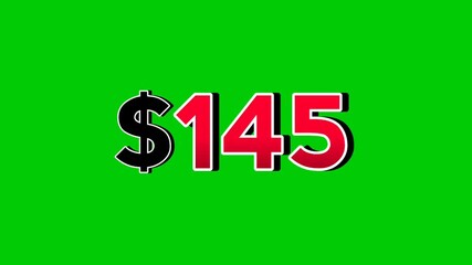 Animation number $145 dollar sign motion graphics with smoke effect green screen background vibrant red numbers. Video 3D effect with shadows for video elements business concept