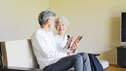 Senior couple looking at smartphone together