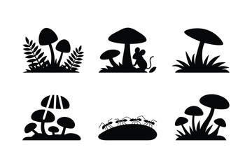 Naklejka premium Mushroom and insect silhouettes with foliage and grass mushrooms ants