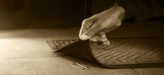 A person getting a key from under their mat