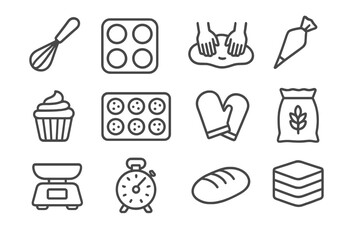 Baking essentials icons: tools, ingredients, and baking symbols on metallic background