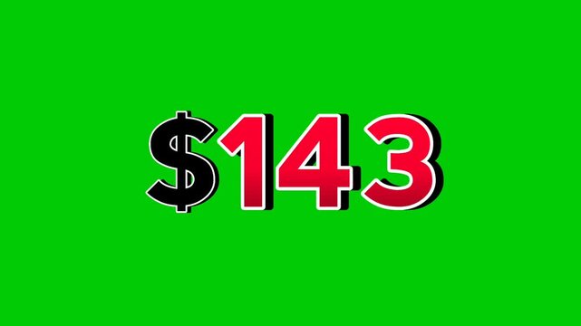 Animation number $143 dollar sign motion graphics with smoke effect green screen background vibrant red numbers. Video 3D effect with shadows for video elements business concept
