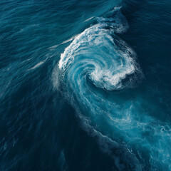 Aerial view of deep blue ocean waves forming abstract spiral patterns