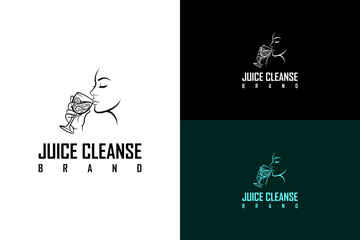 female face sipping from a glass vector illustration, icon, logo for healthy juice, detox juice, smoothies, juice shop, natural, organic, green, herbal treatment, juice cleanse brand, and more