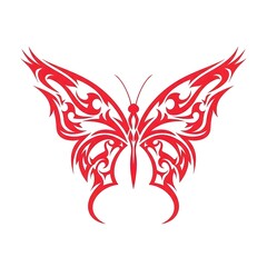 Fototapeta premium Bold red tribal butterfly illustration featuring symmetrical lightning-style wings, clean vector lines, and a sharp silhouette on a white background, ideal for tattoo or graphic art