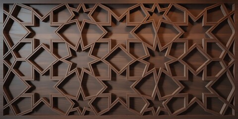 Wooden geometric pattern with star and square shapes in warm brown tones image