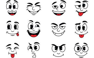 Happy faces expressions. Funny mouthed and eyes emotions, face sketch cartoon caricatures joy design elements kit. collection of cartoon faces with different expressions isolated on white background